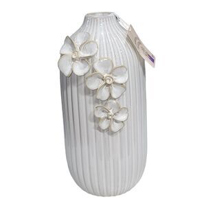 Flora Bunda Handcrafted By Artisans Ceramic Vase With Floral Appliqued 9.5" Tall